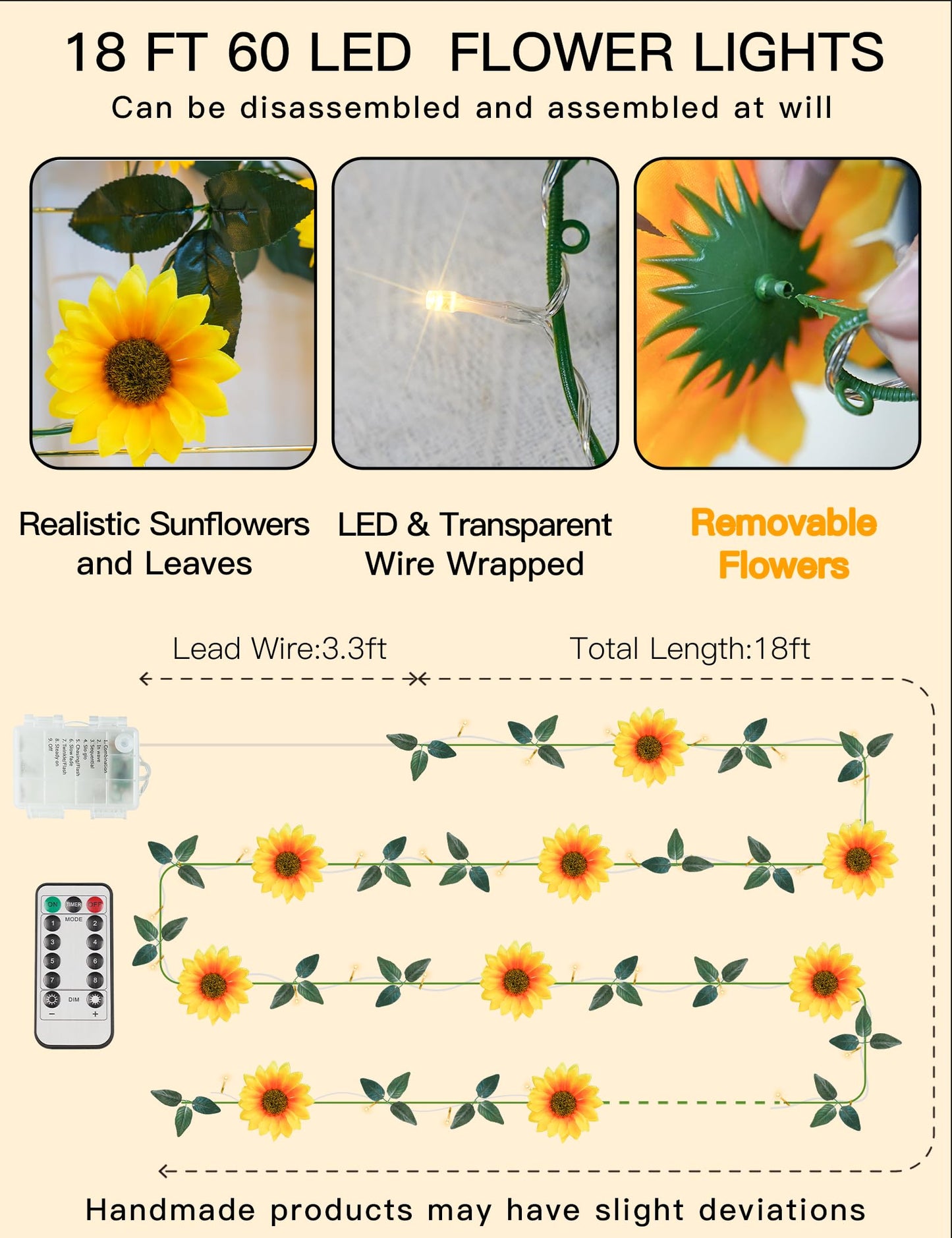 suddus Artificial Sunflower Garland with 60 LED Fairy Lights, Vines with String Lights Battery Operated, Flower Hanging Lights for Indoor, Outdoor, Bedroom, Wedding, Wall, Party (Warm White)