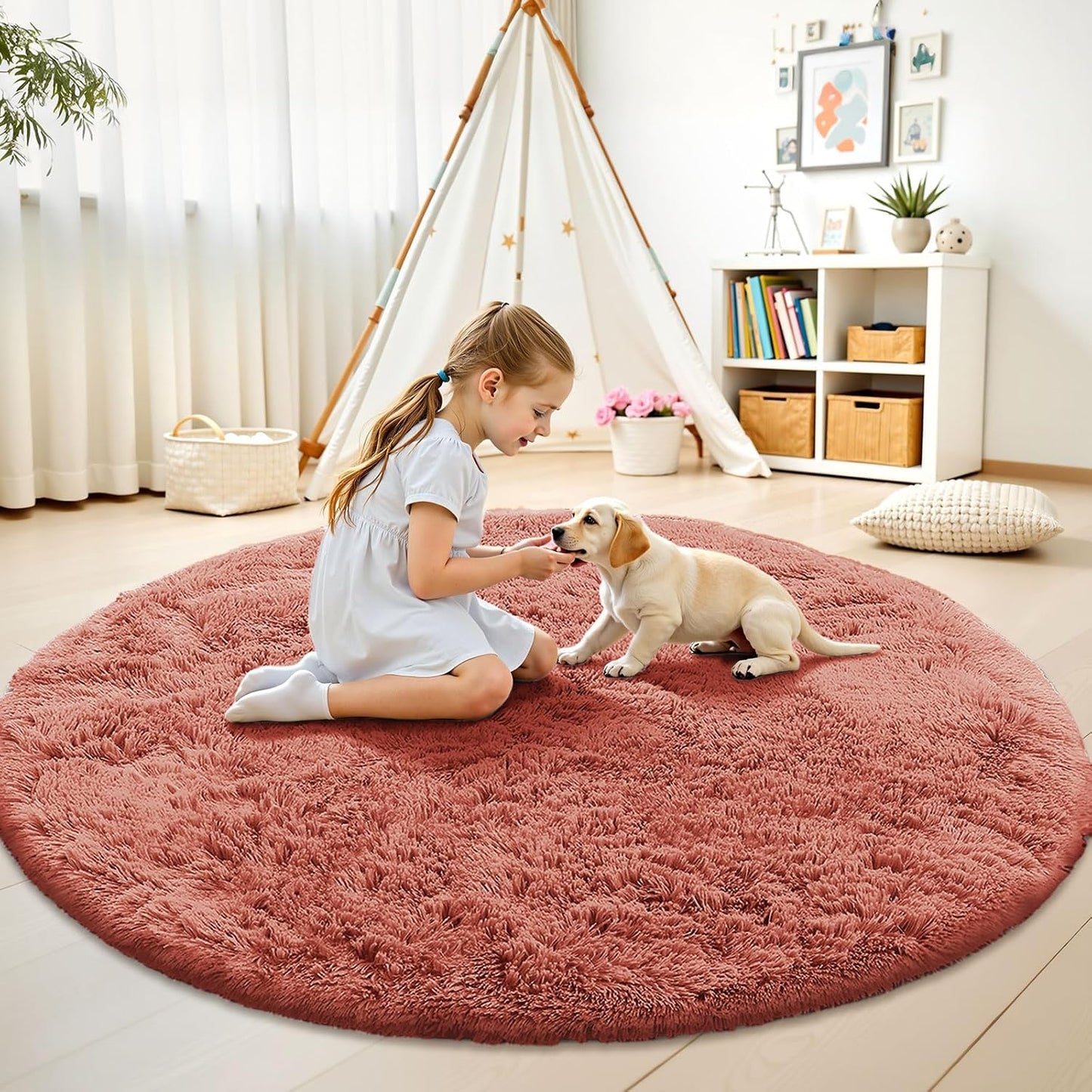 OLANLY Round Rust Red Area Rug - Soft, Fluffy, Machine Washable 5 ft Circle Carpet for Bedroom & Living Room Decor