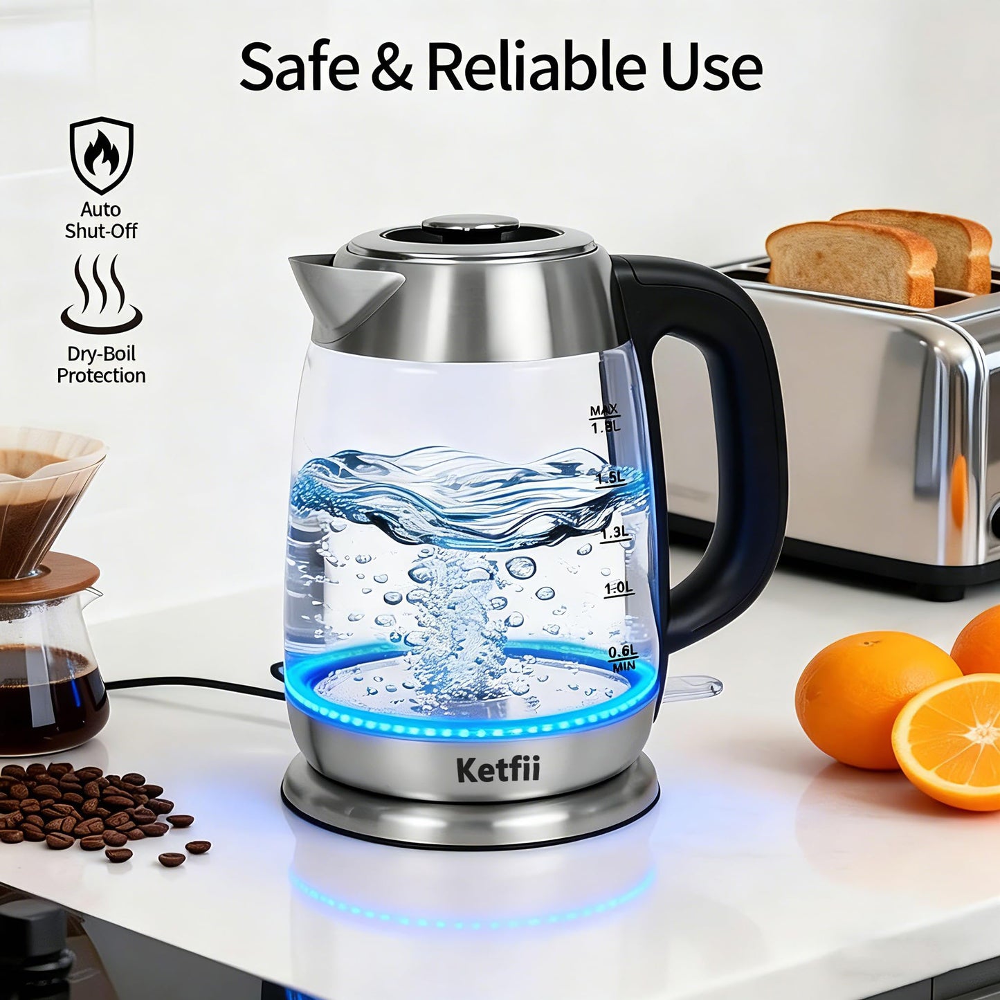 Electric Glass Kettle 1.8L, 1200W Fast Boil for Tea & Coffee, Auto Shut-Off & Boil-Dry Protection, BPA-Free, 304 Stainless Steel & Borosilicate Glass, Removable Lid for Easy Cleaning