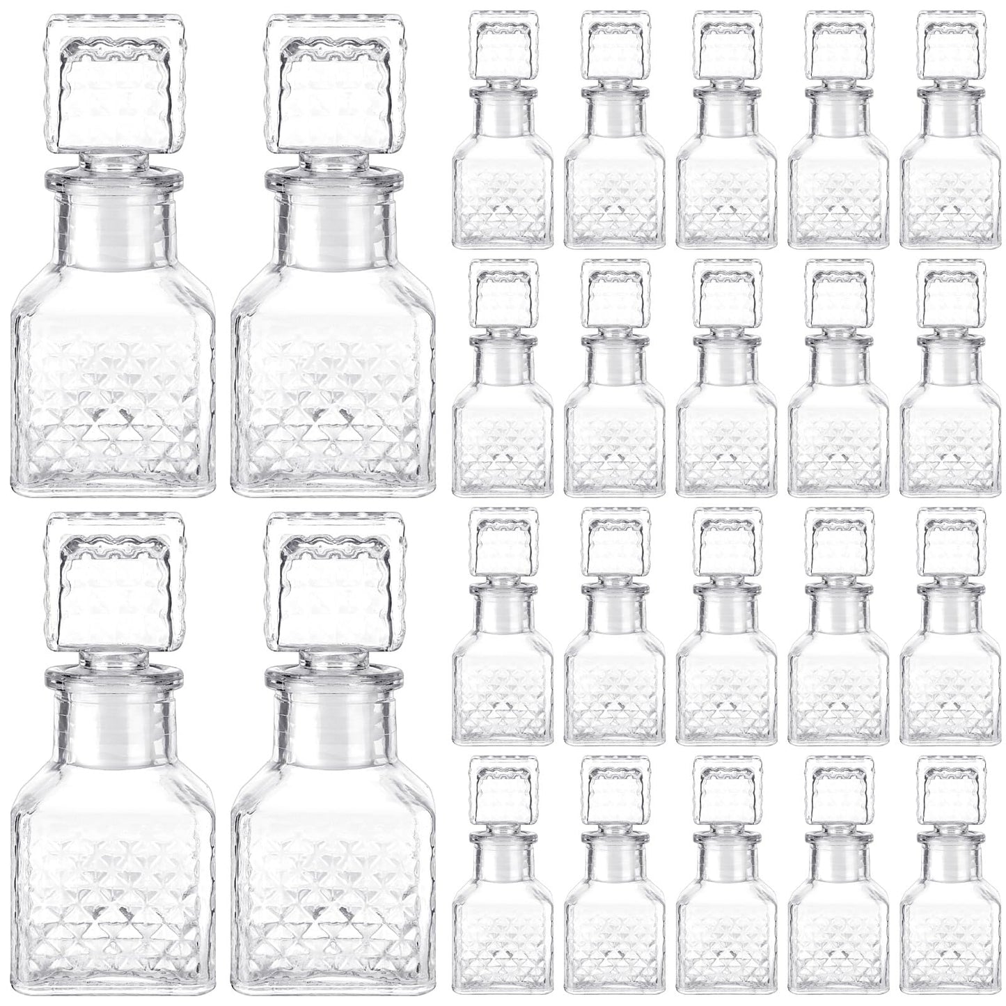 Chuangdi 24 Pcs Mini Glass Wine Bottles 1.7oz Glass Patron Bottles with Stopper Decorative Tequila Bottle for Whiskey Vanilla Extract Champagne Wedding Baby Shower Party Favors(Square Style)