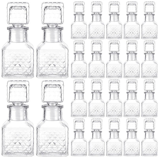 Chuangdi 24 Pcs Mini Glass Wine Bottles 1.7oz Glass Patron Bottles with Stopper Decorative Tequila Bottle for Whiskey Vanilla Extract Champagne Wedding Baby Shower Party Favors(Square Style)