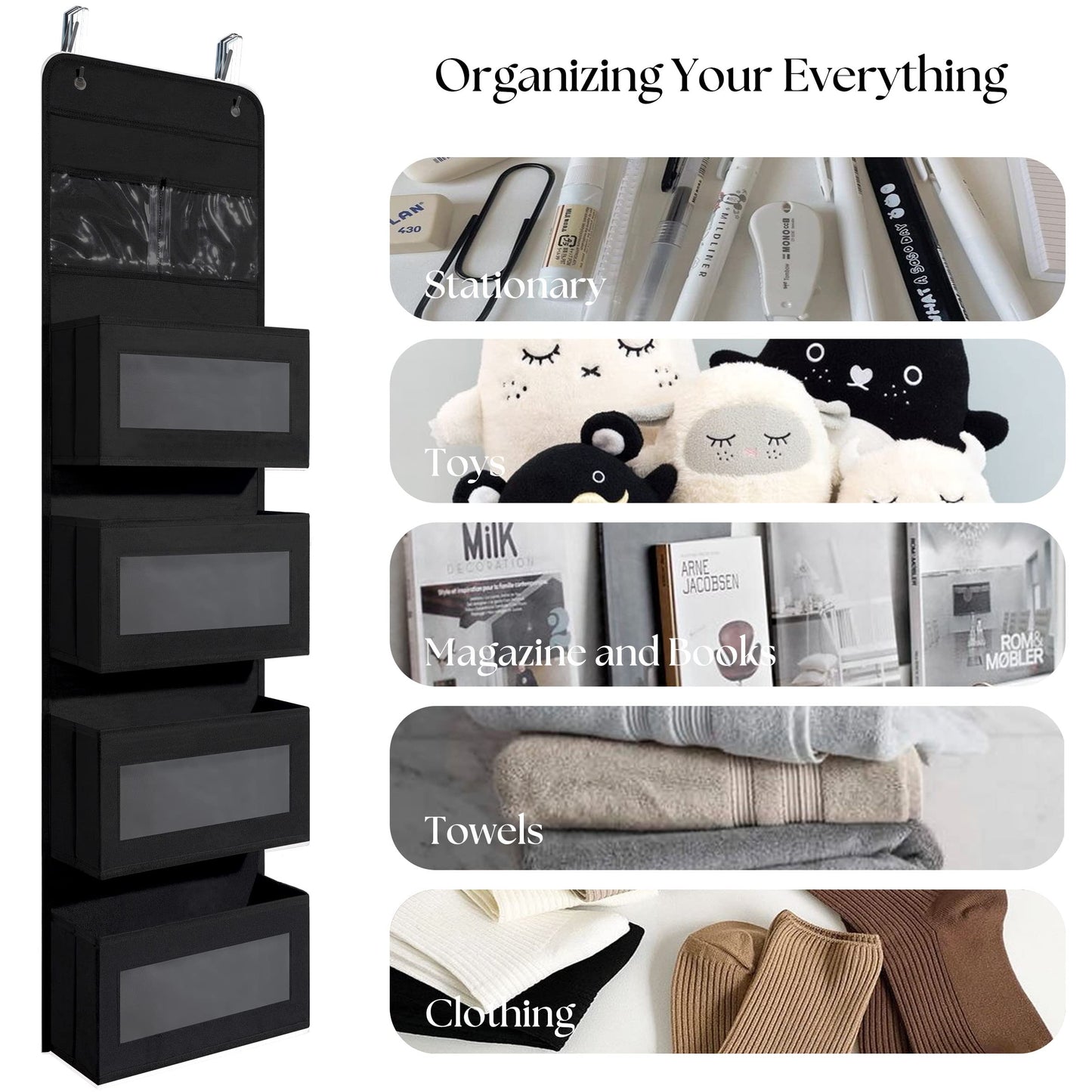 Giraffe Creation Over Door Organizer with 4 Large Capacity Pockets, Hanging Organizer Storage for Closet Bathroom Nursery Bedroom Dorm, Toys Cosmetics Sundries and Baby Essentials, Black