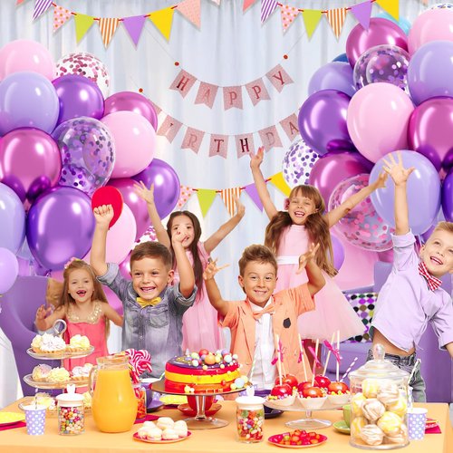 61pcs Pink and Purple Balloons, 12 Inch Purple Pink Confetti Balloons, Metallic Balloon with Ribbon for Bridal Baby Shower Wedding Women Birthday Party Decorations