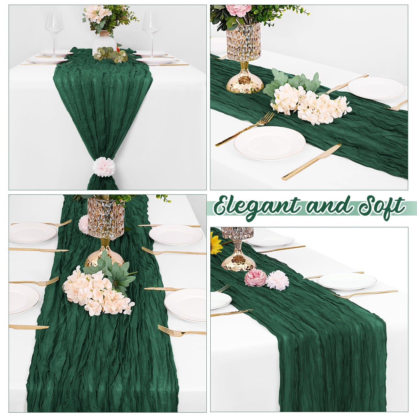 8 Pack Emerald Green Cheesecloth Table Runners 20x120 Inch Gauze Table Runner Cheese Cloth 10FT Green Table Runner Rustic Sheer Runner for Wedding Baby Shower Birthday Party Table Decor