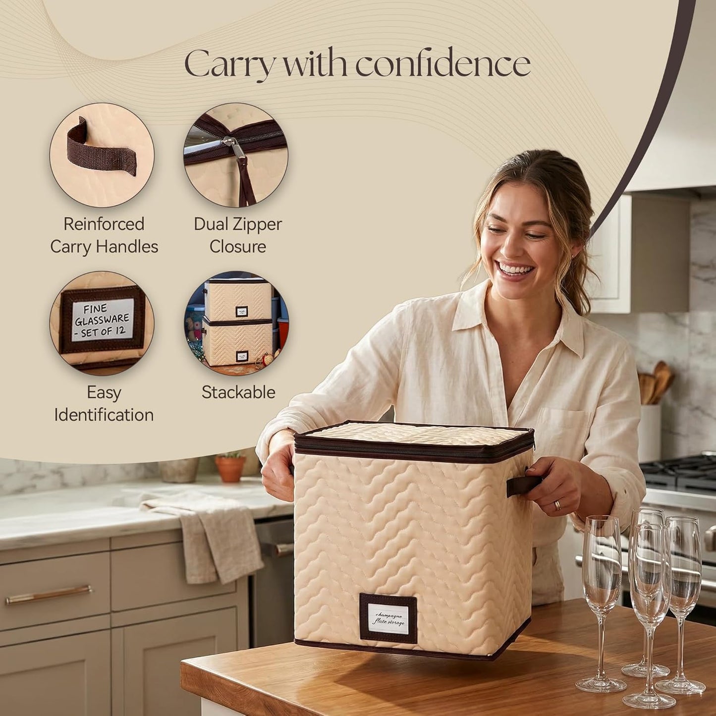 Regine Switzerland Wine Glass Storage Box - Durable Quilted Microfiber Case with Dividers | Protects Stemware (1 Pack, Champagne Flute)