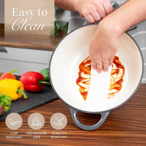 Cast Iron Pot with Lid – Non-Stick Ovenproof Enamelled Casserole Pot, Oven Safe up to 500° F – Sturdy Dutch Oven Cookware – Grey, 5-Quart, 24cm – by Nuovva