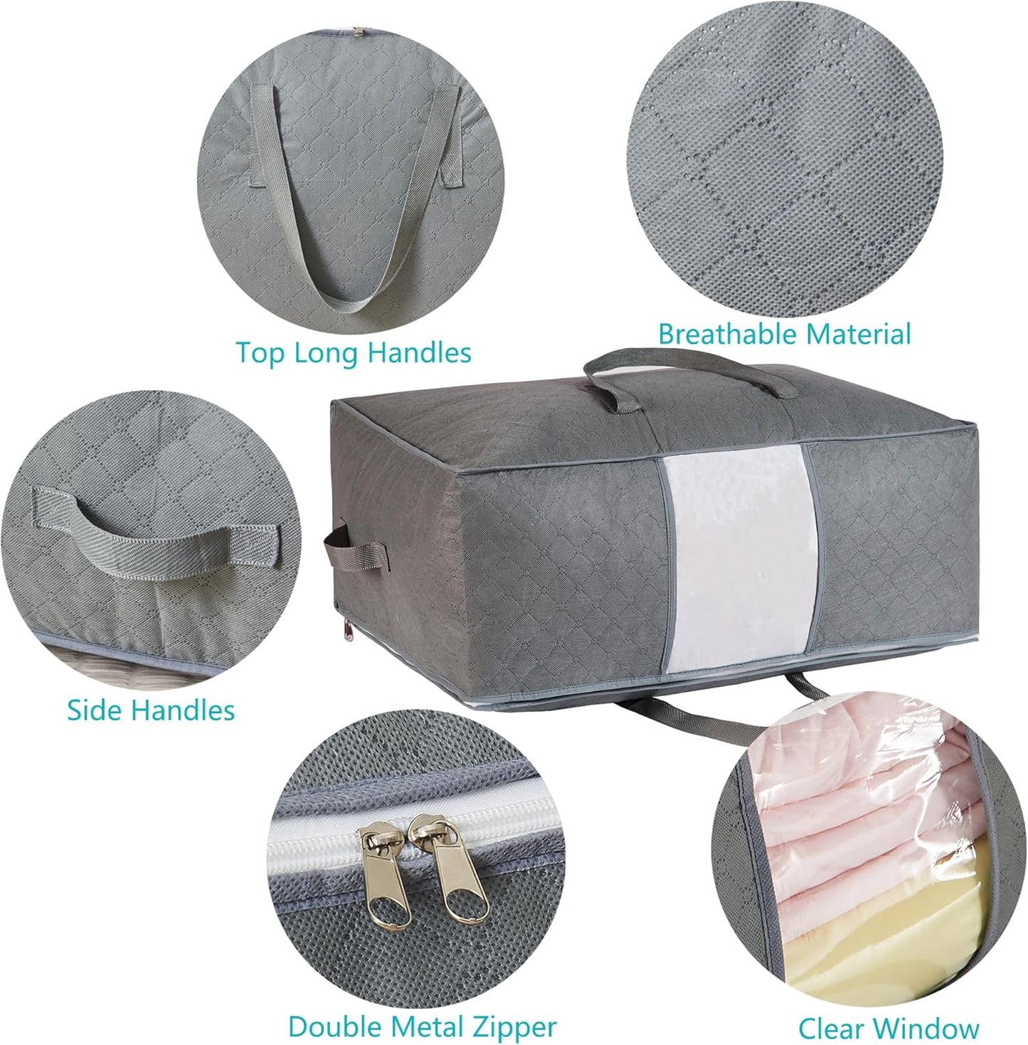 Regine Switzerland 105L Extra Large Storage Bags - Organize Blankets, Bedding & Clothes | 3-Pack Grey with Handles & Clear Window