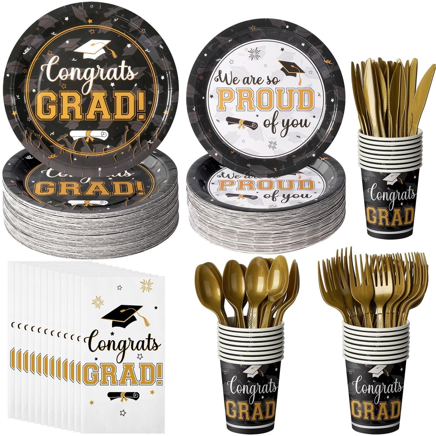 Graduation Party Supplies Congrats Grad Plates and Napkins Set Disposable Tableware Paper Plates Napkins Cup Knive Spoon Fork Straw for Class of 2026 Graduation Party Decorations Serve 100(Black Gold)