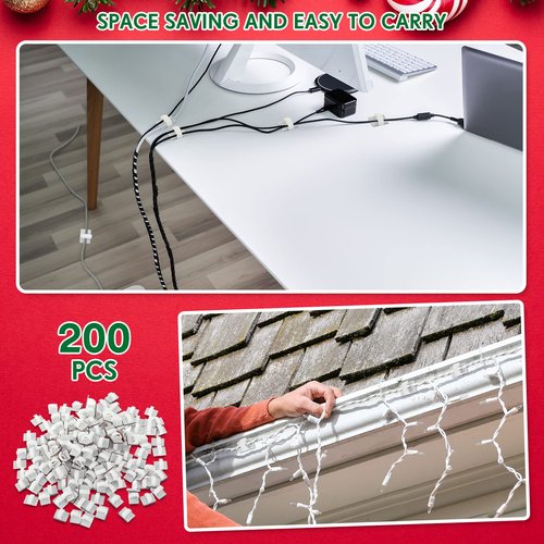 Blulu 200 Pieces Christmas Light Hooks Self Adhesive Cable Clips Stick on Wire Clips Cord, Holiday Christmas Light Hooks for Xmas Hanging Lights Home Decoration Outdoor Roof, Roof Ridge Line, Fence