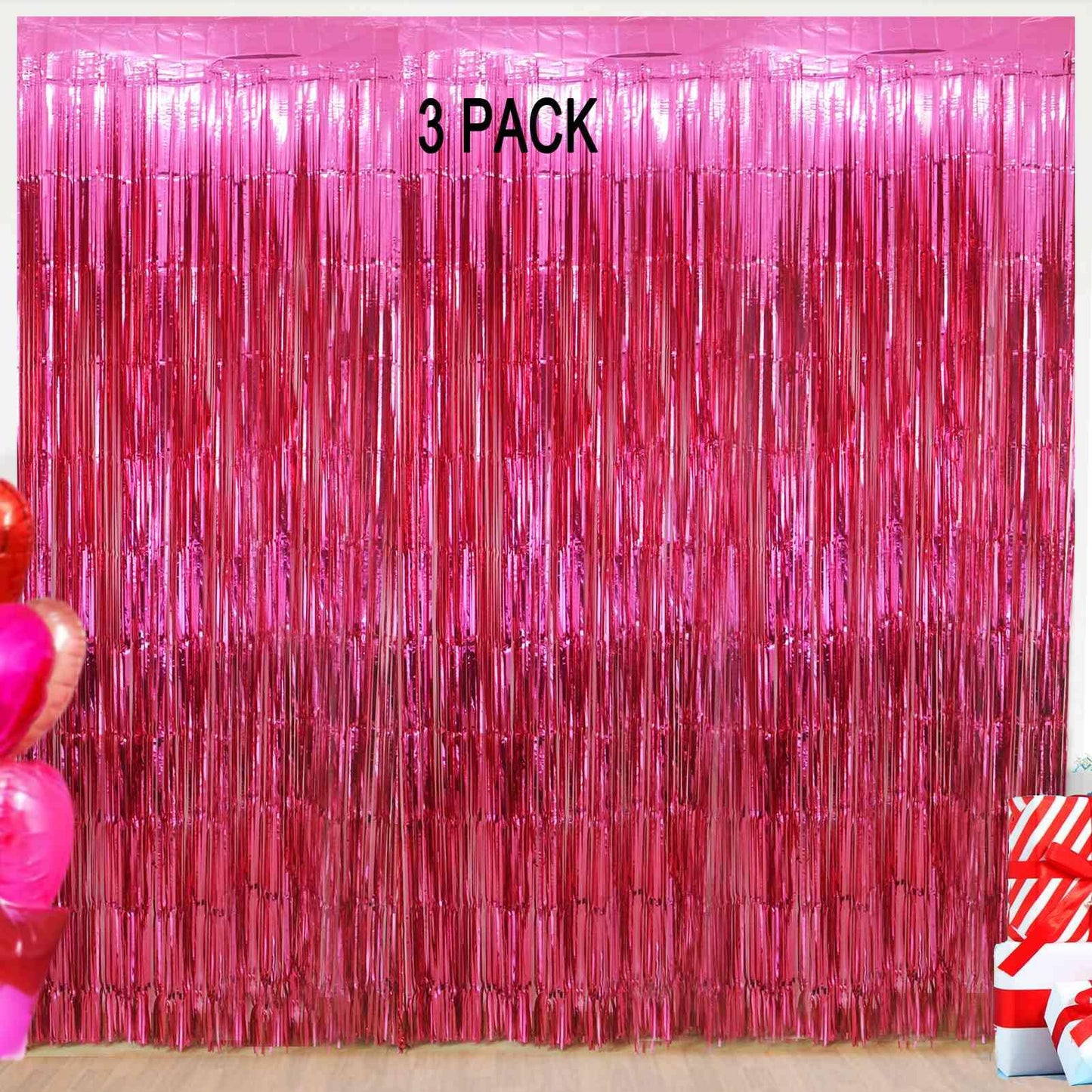 Valentines Day Party Decorations - 3 Pack of 3.2x8.2ft Hot Pink Foil Fringe Curtains Streamers Backdrop for Birthday Bachelorette Party Valentines Backdrop Decorations