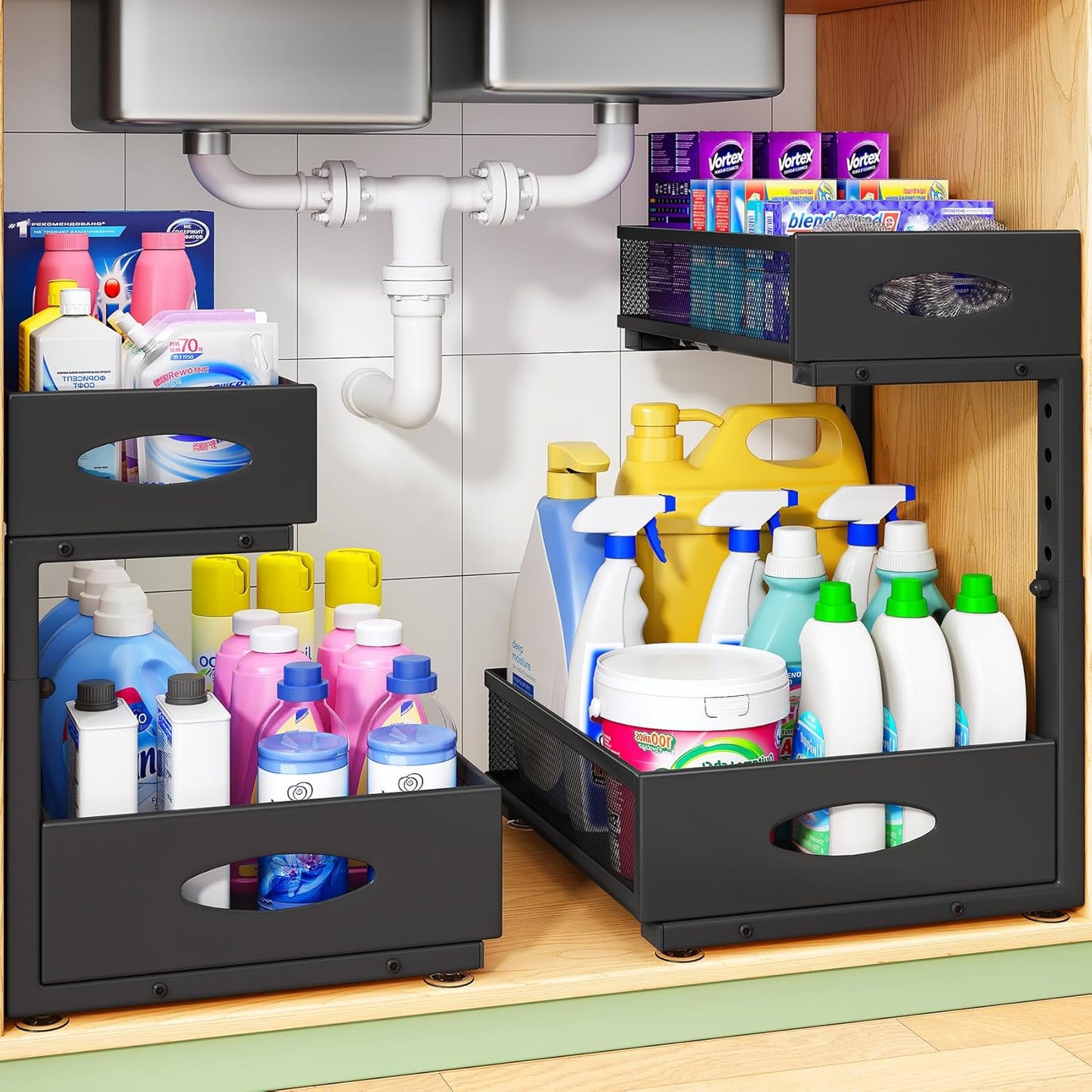 Under Sink Organizer | 2-Pack Metal Slide-Out Storage Shelf Rack - Adjustable Height, XL Black