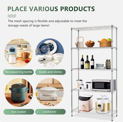BestOffice 5-Tier Wire Storage Shelves with Wheels - Heavy-Duty Metal, Adjustable, Chrome | 14x30x60 | Holds Up to 220 lbs | Easy No-Tool Assembly for Home & Garage