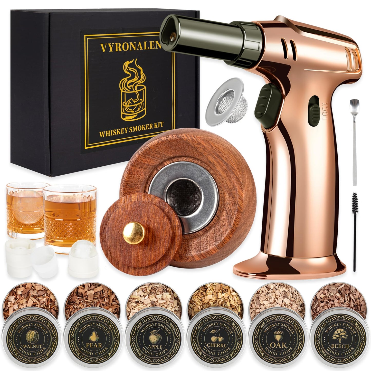 VYRONALEN Whiskey Smoker Kit with Torch, 6 Wood Chip Flavors, 2 Heavy Whiskey Glasses, 2 Ice Ball Molds, Cocktail Smoker Kit for Old Fashioned, Bourbon & Drinks, Gift Set for Men, Father (No Butane)