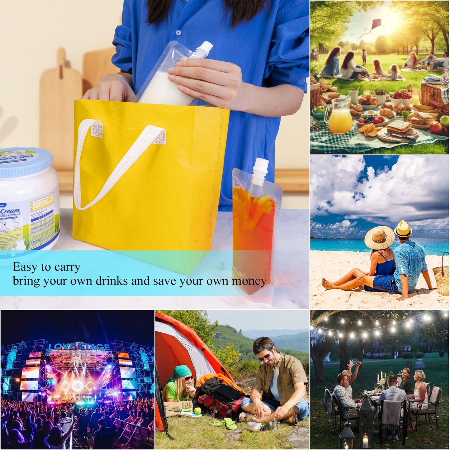 Cloudslucky 16OZ 50PCS Drink Pouches,Reusable Plastic Flask with Funnel for Drinking Liquid Juice,Stand Up Drink Bags for Travel Camping Outdoor Sport Concert Events,Leak-Proof Food Grade
