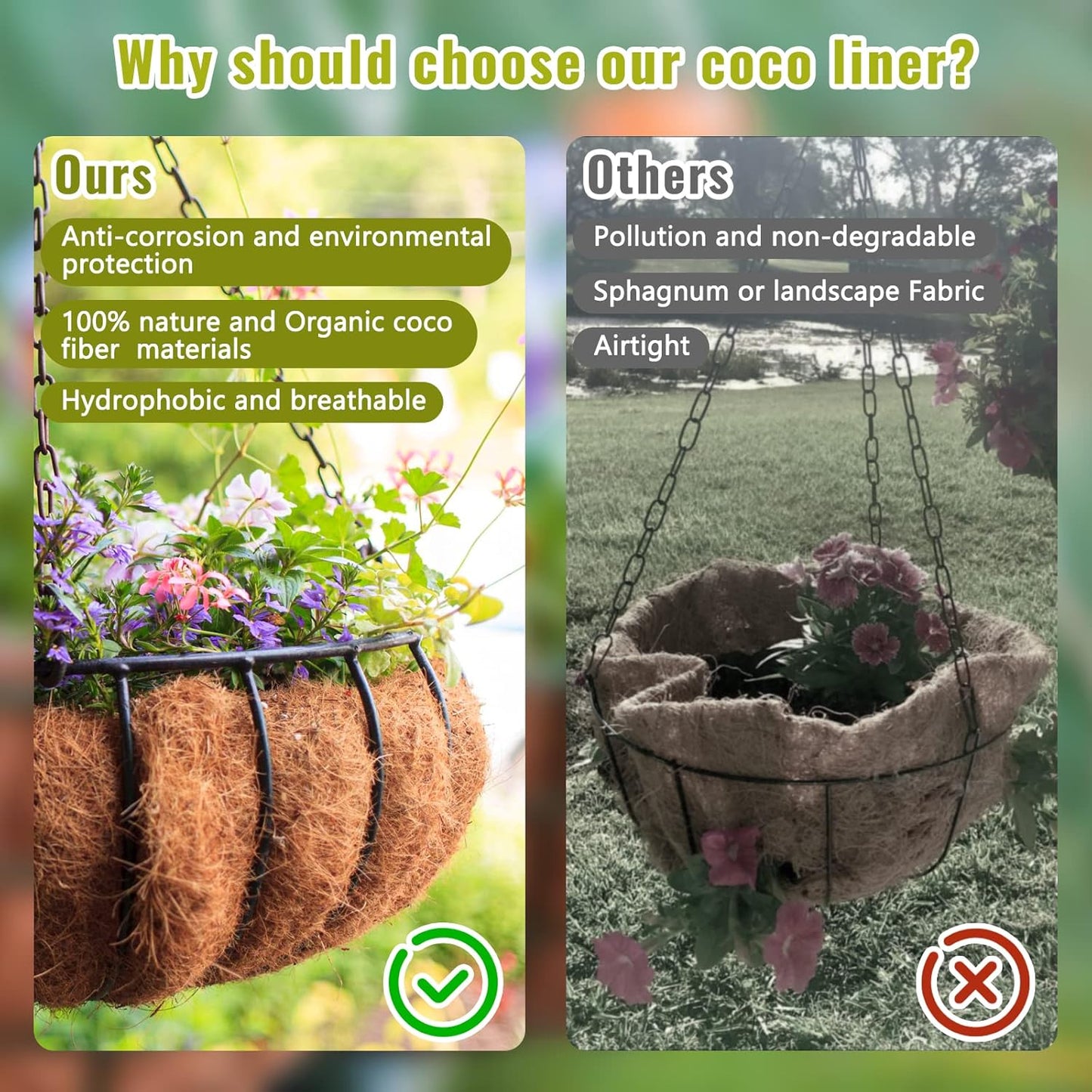 Legigo 3 Pack 16-Inch Coco Fiber Hanging Basket Liners - 100% Natural Round Planter Replacement
