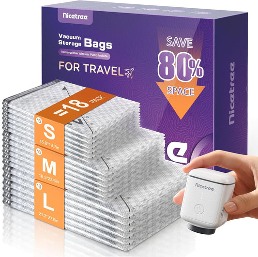 Nicetree Vacuum Seal Bags - 18-Pack with Rechargeable Wireless Pump | 3 Sizes (20/24/28 Inch) for Clothing & Bedding Storage
