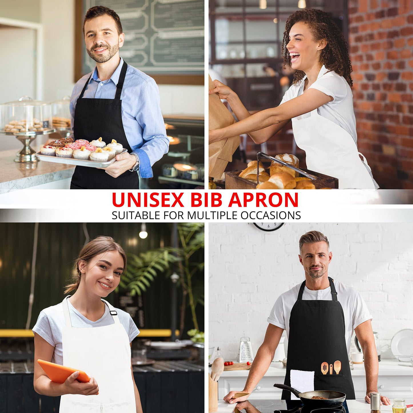 Utopia Kitchen 2 Pack Bib Apron, Adjustable with 2 Pockets, Water and Oil Resistant, Cooking Kitchen Chef Apron for Women Men (2 Pack, Black & White)