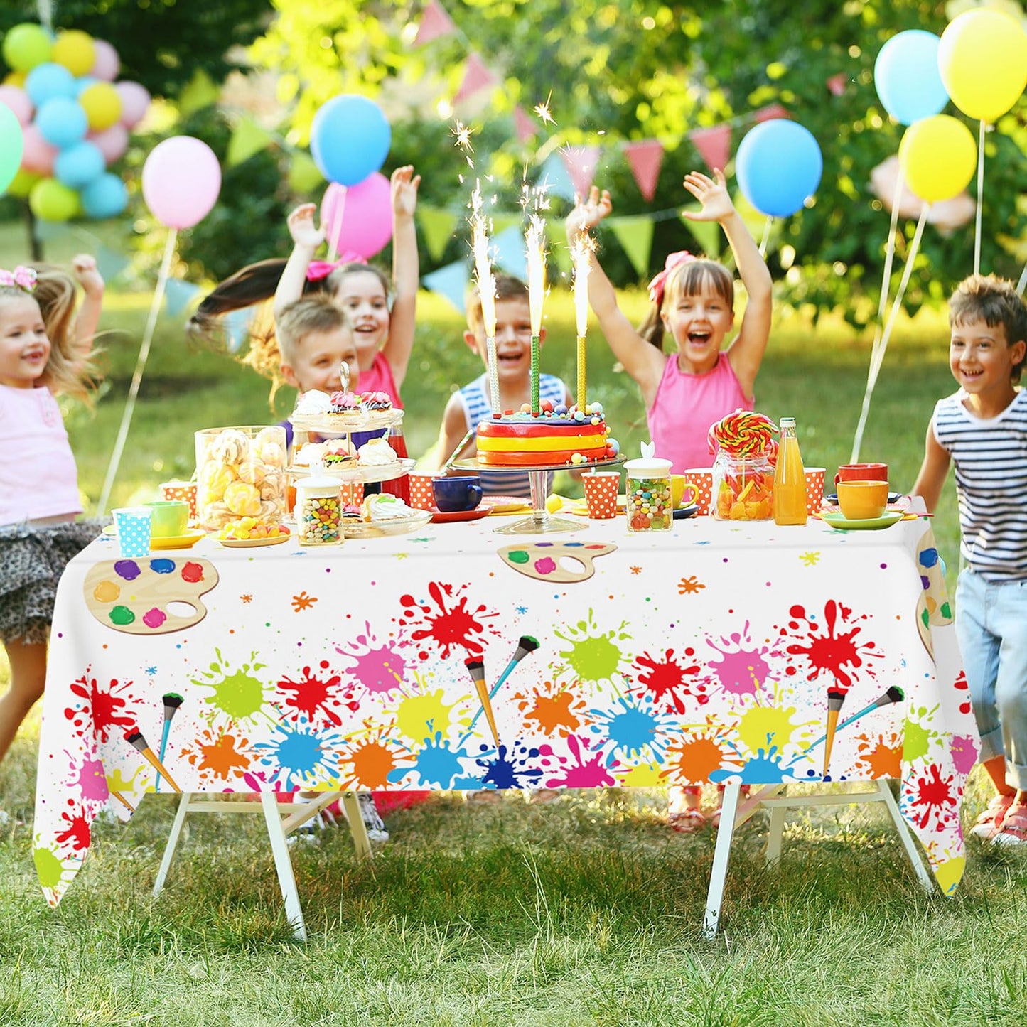 Summer Paint Splatter Tablecloth Decoration 52 in x 100 Ft Art Paint Birthday Party Tablecloth Roll Art Party Summer Plastic Table Cover for Indoor Outdoor Events Family Parties and Celebrations