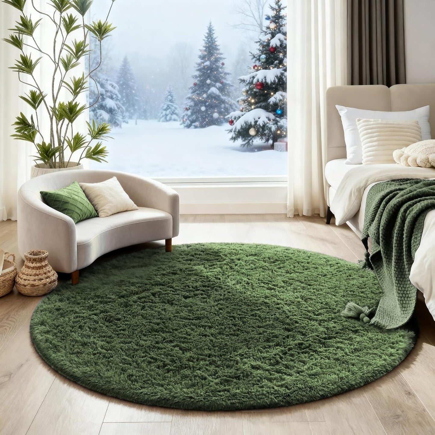 Ophanie Round Rug - 4Ft Grey Green Circle Area Rug | Plush Soft Shaggy Carpet for Kids' Rooms