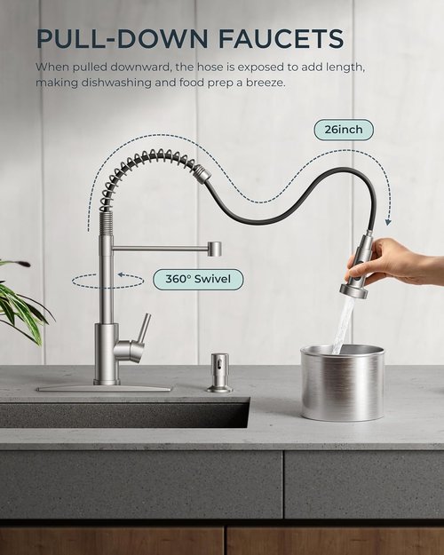 FORIOUS Kitchen Faucet - Brushed Nickel Pull Down Sprayer | Stainless Steel, Classic Design for RV & Utility Room