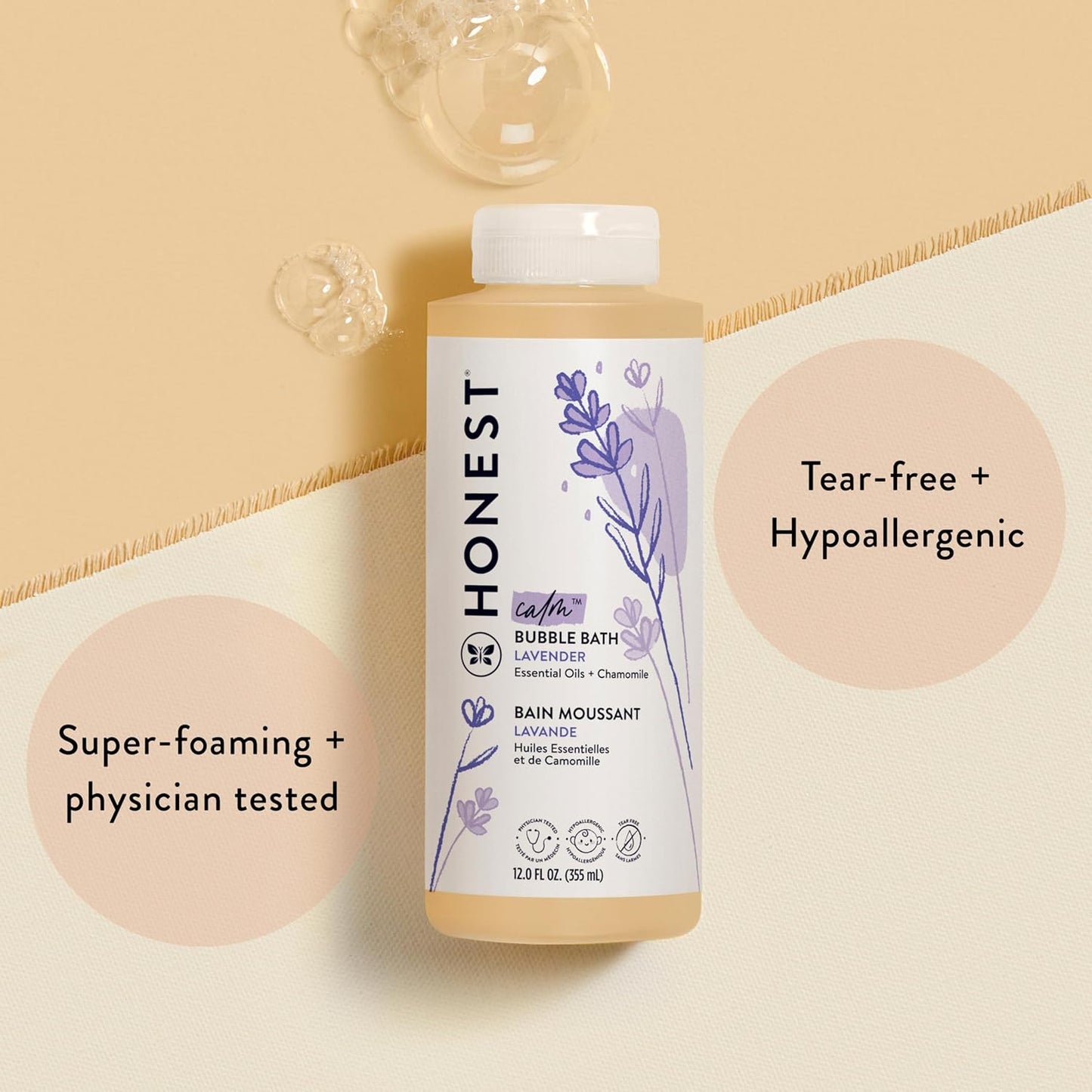 The Honest Company Foaming Bubble Bath | Tear-Free, Hypoallergenic Lavender Calm, 12 fl oz