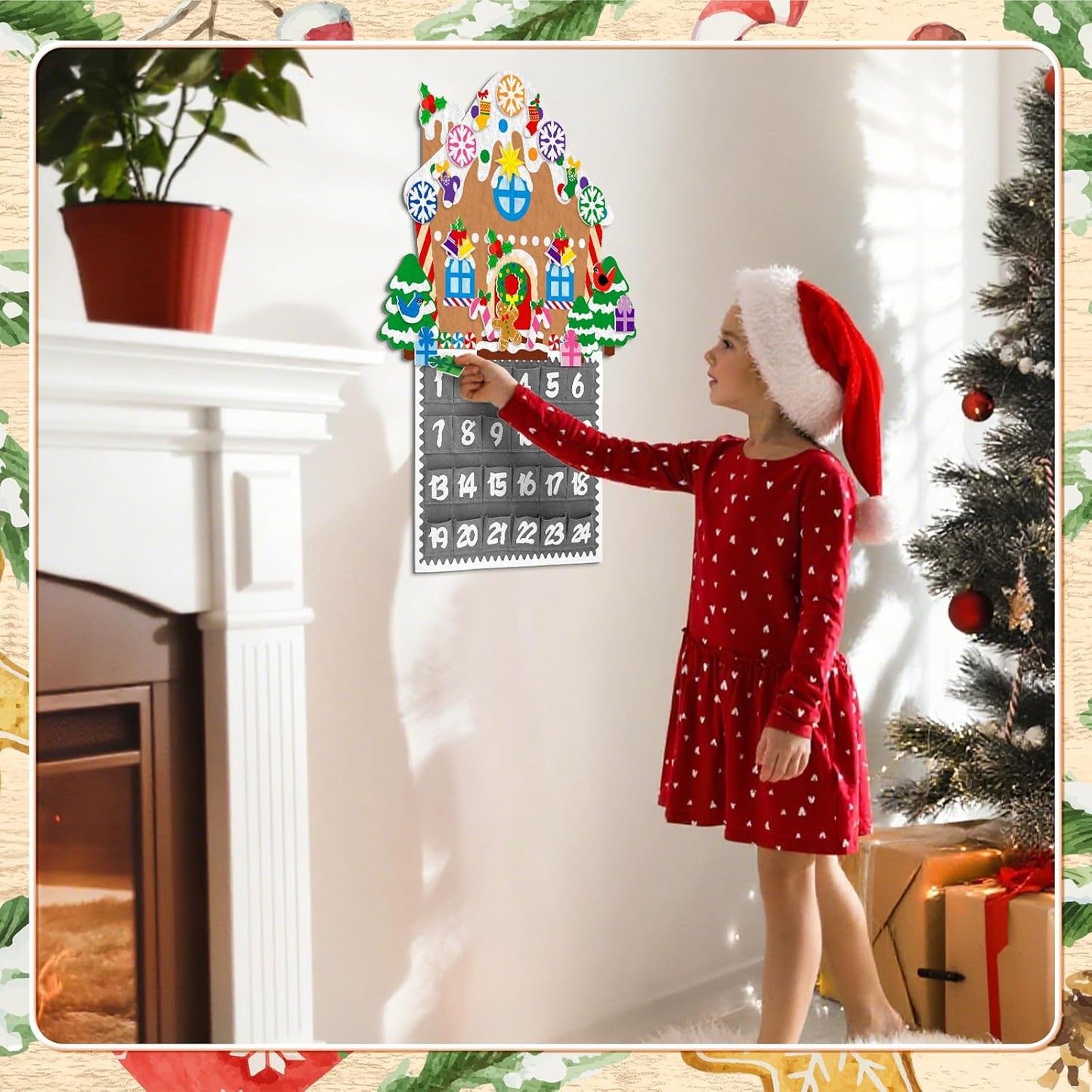 Watersay Christmas Gingerbread House Advent Calendar - 2ft Felt Ornaments with 24 Pockets for Kids