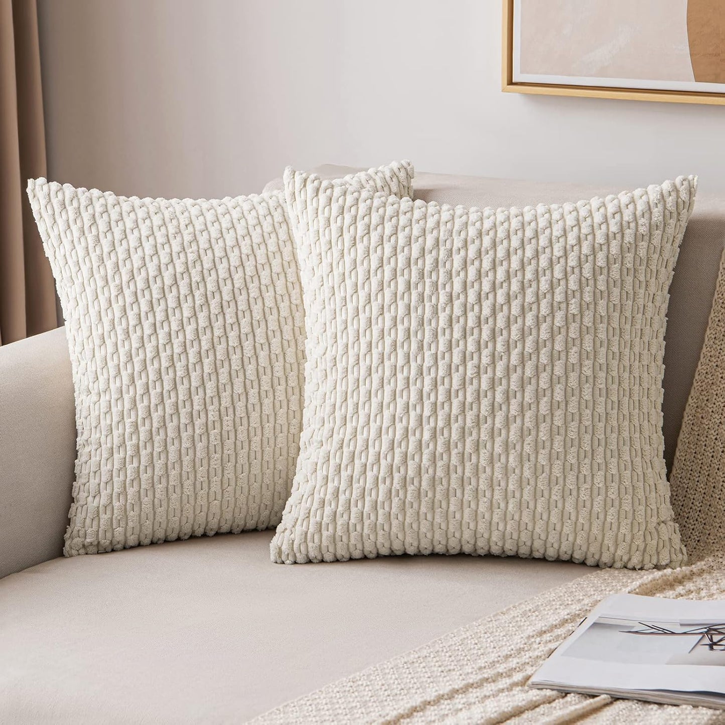 MIULEE Decorative Throw Pillow Covers - Soft Boho Striped Corduroy | 18x18 Inch Cream White Set of 2