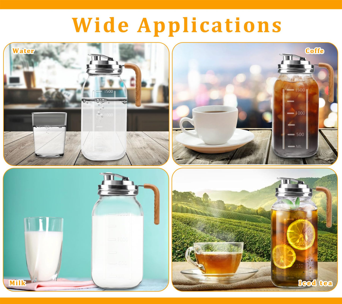 Glass Pitcher With Lid,304 Stainless Steel Lid,2 Seal Ring,64 oz(2 Quart/1.8 Liter),Mason Jar Cold Brew Water Iced Tea Brewing Breast Milk Pitcher,Sun Tea Glass Jar For Outside,Pitchers For Drinks