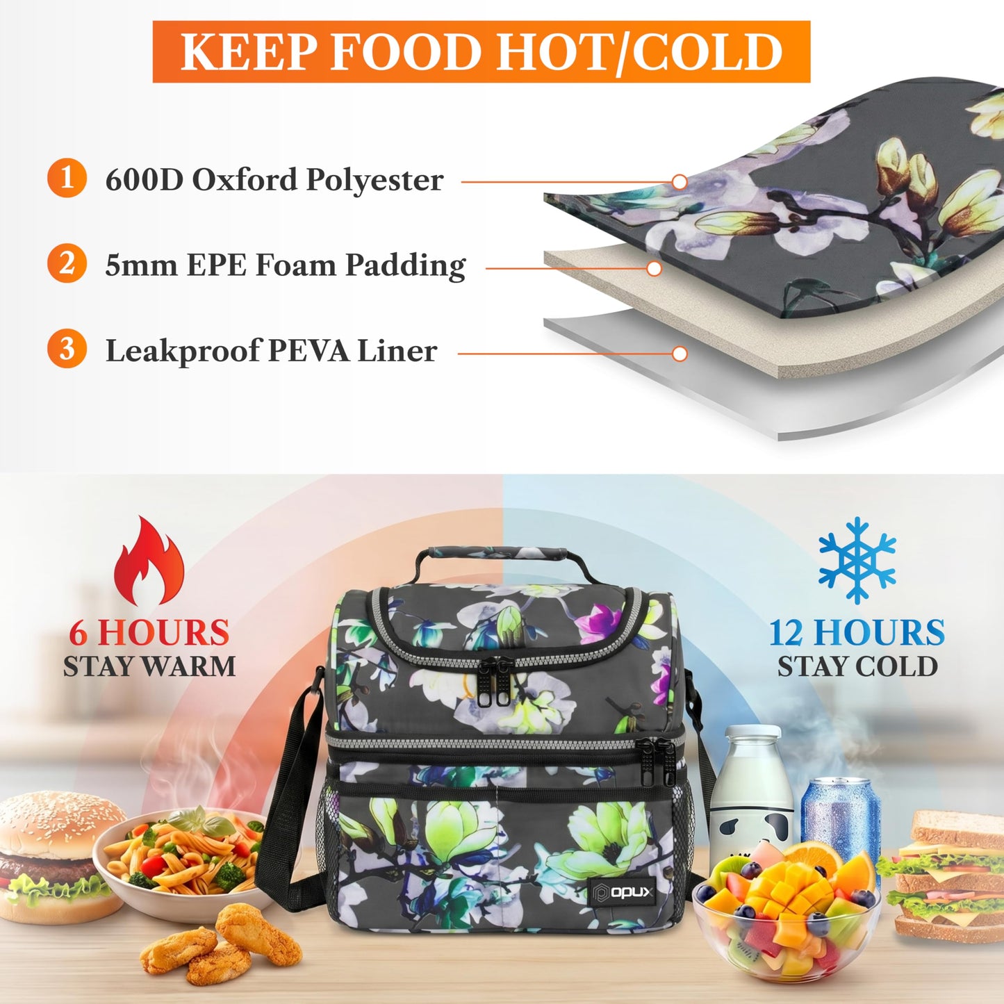 OPUX Insulated Lunch Bag for Women, Double Decker Leakproof Lunch Box Cooler Tote with Shoulder Strap, Large Lunchbox for Work School Travel Meal Prep, Adults Kids Men Girls Boys, Floral Gray, 16 Cans