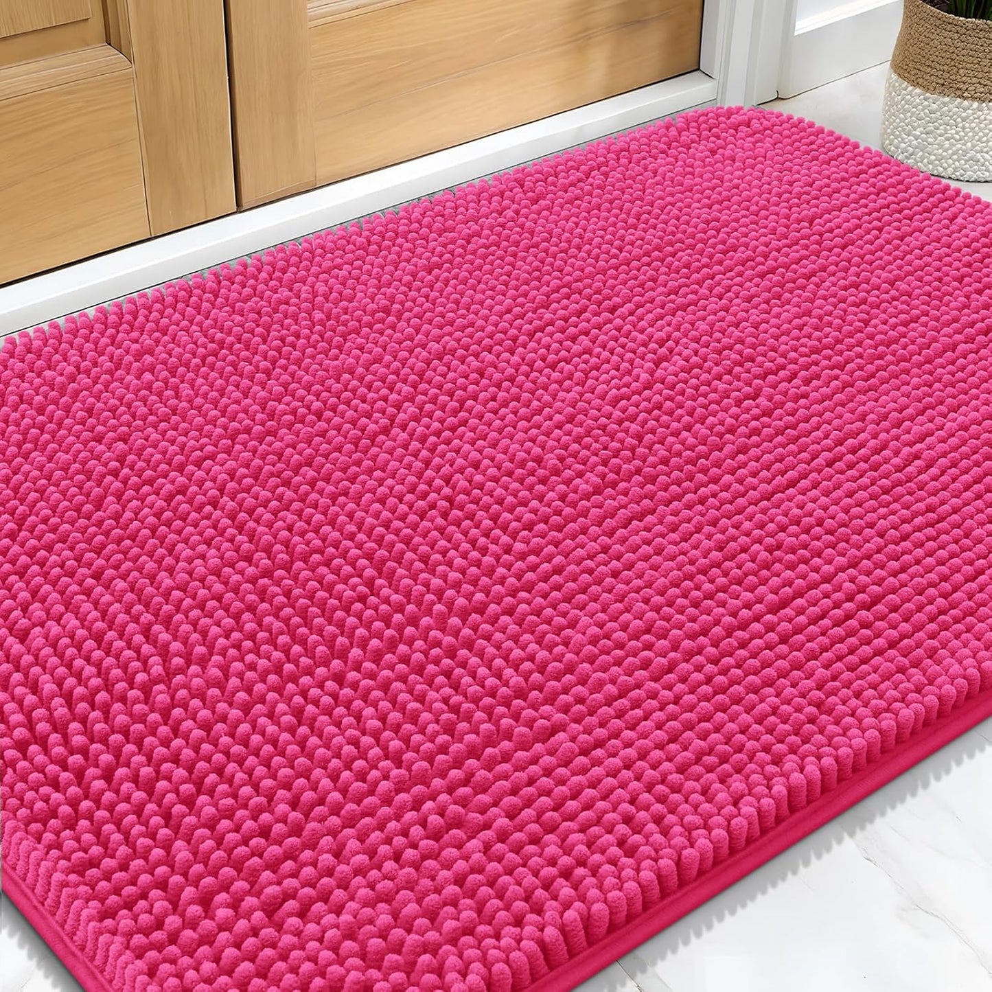 OLANLY Dog Door Mat - Absorbent Non-Slip Washable Doormat for Muddy Paws | 34x21 Hot Pink