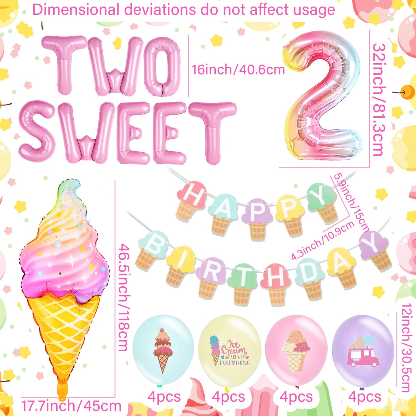 Two Sweet Birthday Party Supplies Decorations 2th Birthday Decorations Ice Cream Party Decoration Number 2 Balloon for Donut Sweet Party Supplies Baby Showers Party Decoration