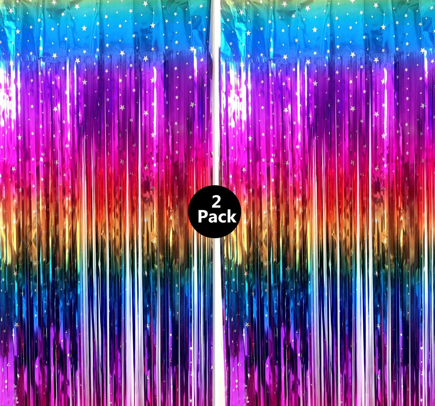 Rainbow Tinsel Foil Fringe Curtains - 2 Pack Metallic Streamers for Party Decor | 3.3x6.6ft Backdrop