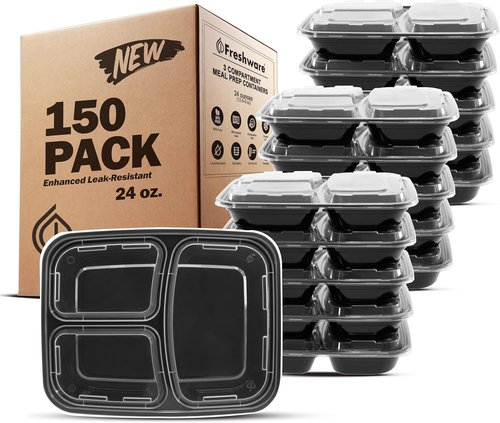 Freshware Meal Prep Containers - 3 Compartment Bento Box | 150 Pack, BPA Free, Stackable, 24 oz