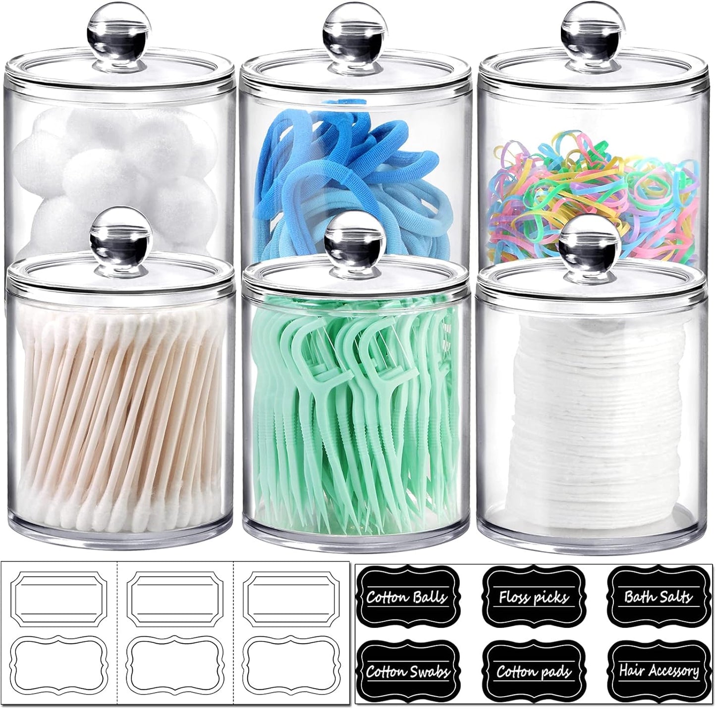 SheeChung Clear Acrylic Apothecary Jars - 6-Pack (3) 10oz & (3) 12oz Qtip Holder Set | Shatterproof Bathroom Organizer