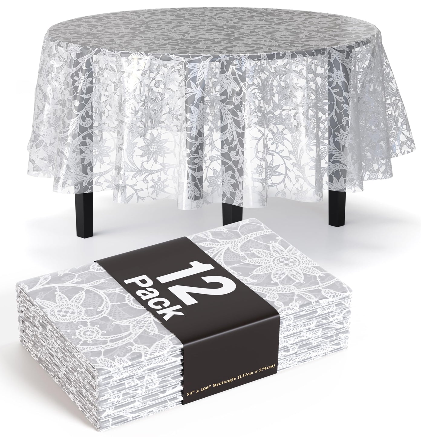 Exquisite Lace Table Cloth Round Table Plastic 12-Pack Lace Tablecloth 84 | White Floral Tablecloth Disposable | Wild Flower Party Decorations & Party Supplies