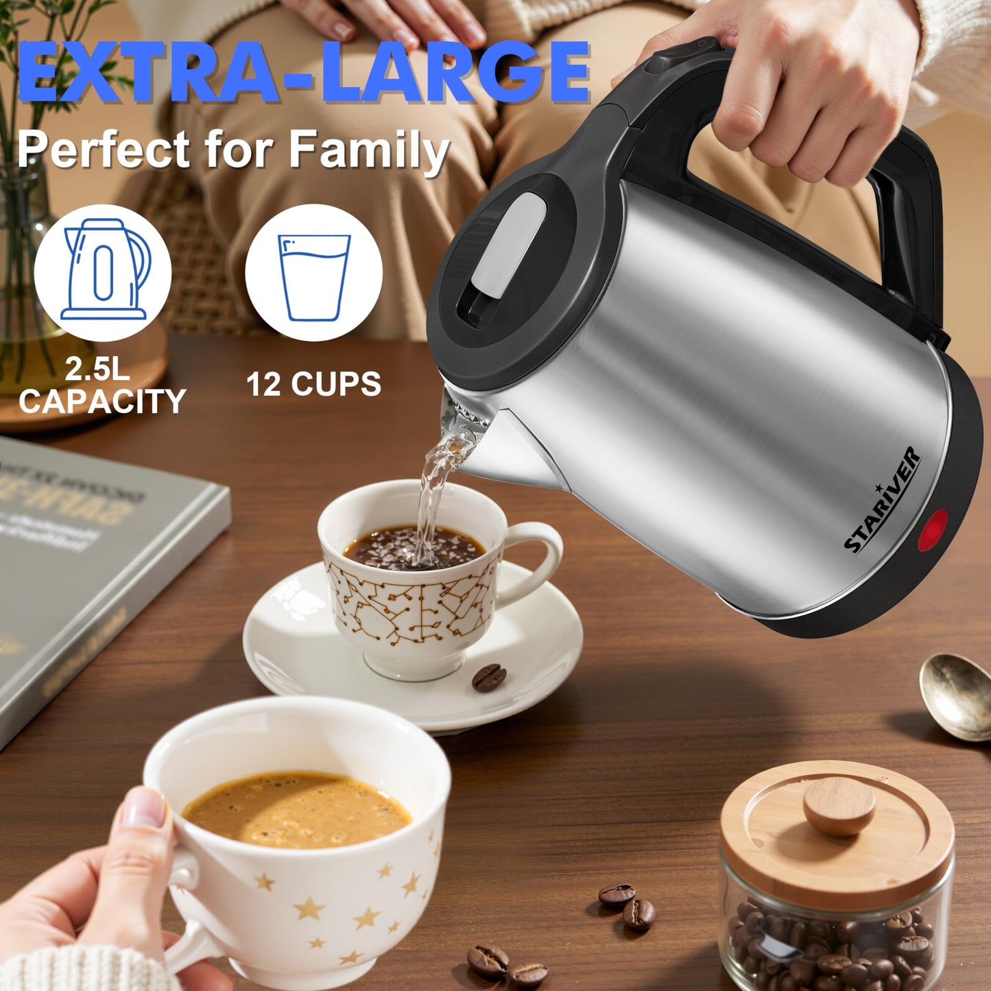 Stariver 2.5L Large Electric Kettle, BPA Free Stainless Steel Water Heater, Fast Boil Electric Tea Kettle, Water Boiler with Auto Shut-Off & Boil-Dry Protection for Family (10-12 Cups)