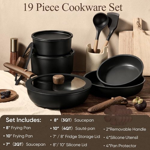 CAROTE 19-Piece Non-Stick Cookware Set - Detachable Handle, Induction Compatible, Oven Safe, Space Saving