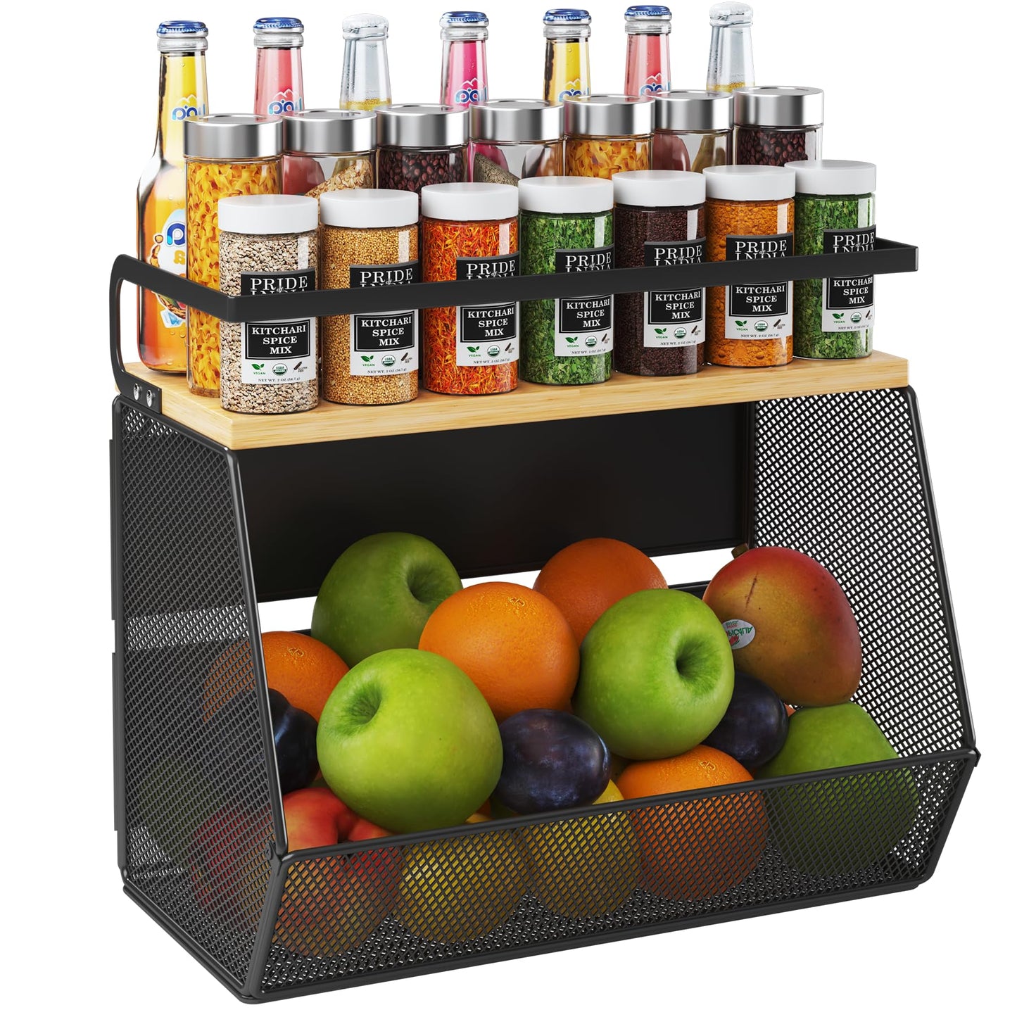 Magnetic Shelf for Fridge with Wide & Thick Magnet, 1 Pack Refrigerator Organizer Basket with Bamboo Top, Storage for Fruit, Potato, Onion, Kitchen, Pantry, Laundry (Black, 13.8" x 6.8" x 11.8")