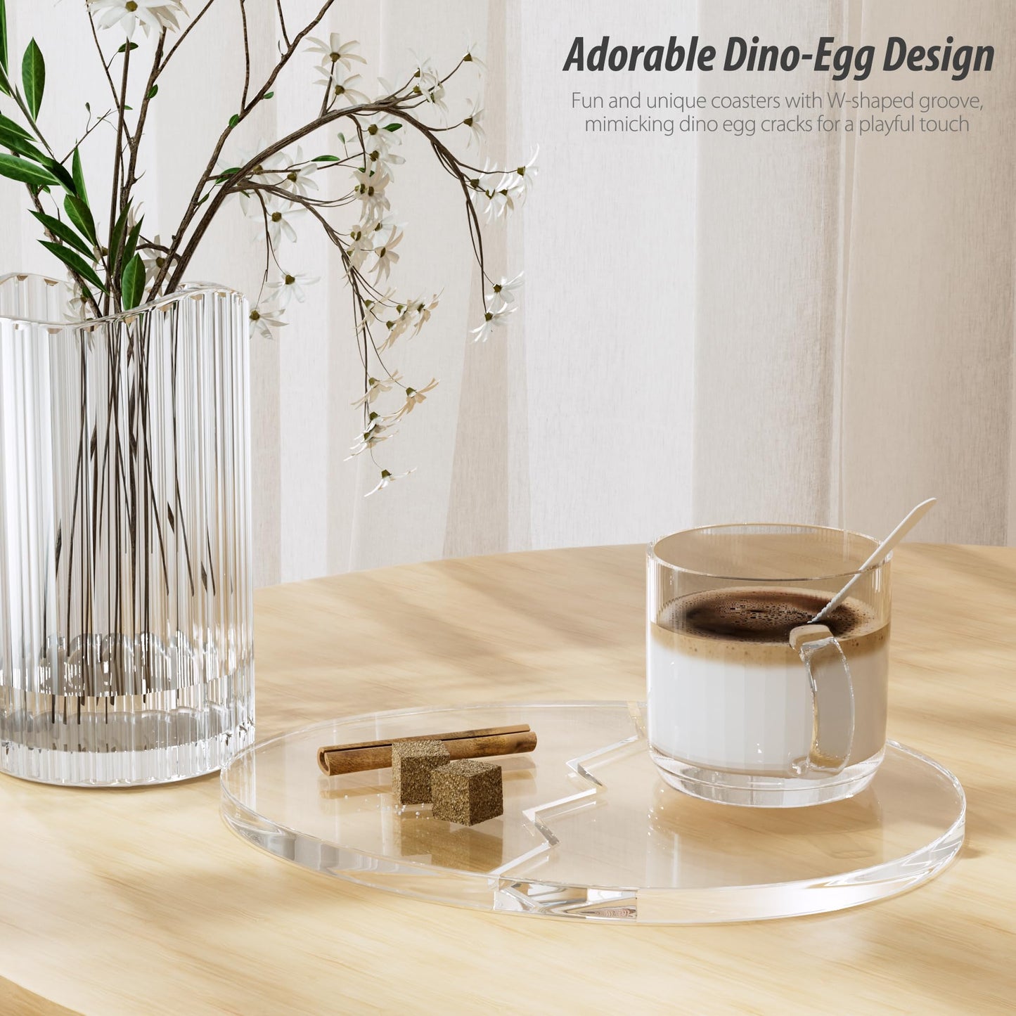Acrylic Coaster Decorative Plates,Office Desk Accessories, Clear Dinosaur Egg Shape Coffee Cup Decor, Perfect for Tabletop Protection and Display.
