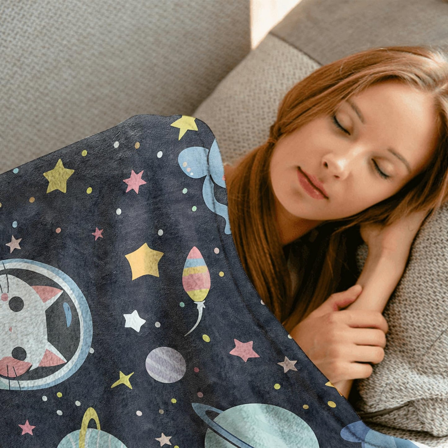 MIEPOS Space Cat Throw Blanket, 50x60in, Soft, Lightweight Flannel, Cute Astronaut Kitten with Planet and Star on Dark Sky Blankets, Gifts for Kids, for Home Living Room Decor