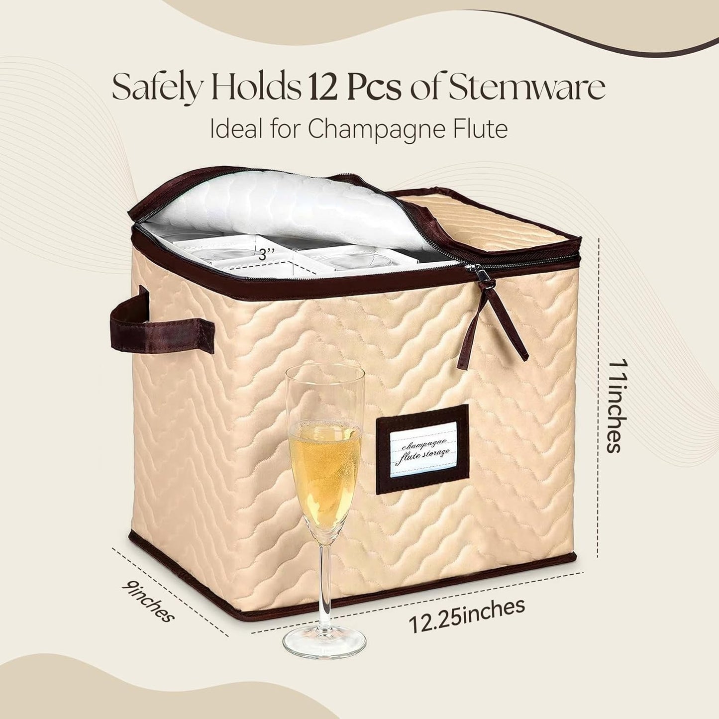 Regine Switzerland Wine Glass Storage Box - Durable Quilted Microfiber Case with Dividers | Protects Stemware (1 Pack, Champagne Flute)