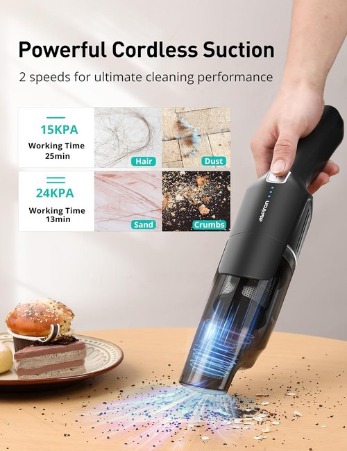 Aspiron Cordless Handheld Vacuum - 24KPA Powerful Car Vacuum with 2-Speed Settings | Portable & Ergonomic Design, Black Silver