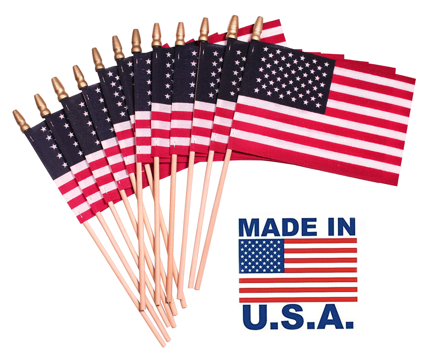 TUTARE 50 American Flags on Stick - Handheld Spearhead US Flag for 4th of July, Memorial Day Event Decorations - Patriotic Decor for Indoors & Yard - Wooden Stick, Cotton Fabric (4"X6" - 12 Pack)