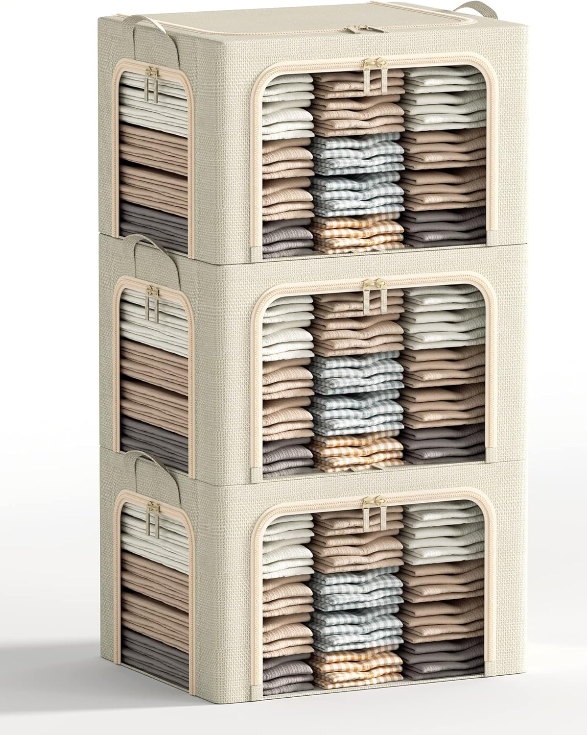 Regine Switzerland Large Clothes Storage Bins - Foldable with Metal Frame, Clear Window & Zippers | 3-Pack, Beige, 66L