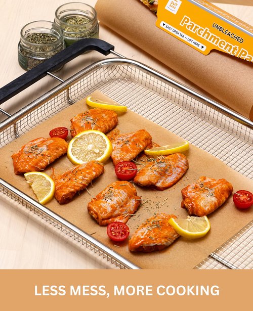 24/7 Bags- Parchment Paper Roll, 150 Sq Ft, 12" Wide, Non-Stick, Unbleached, Food Safe, Serrated Cutter, for Baking, Air-Fryer & Cooking