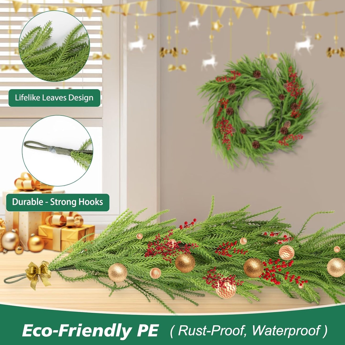 Norfolk Pine Garland - Realistic 9 Ft Faux Pine for Christmas Decor | Perfect for Mantle & Table