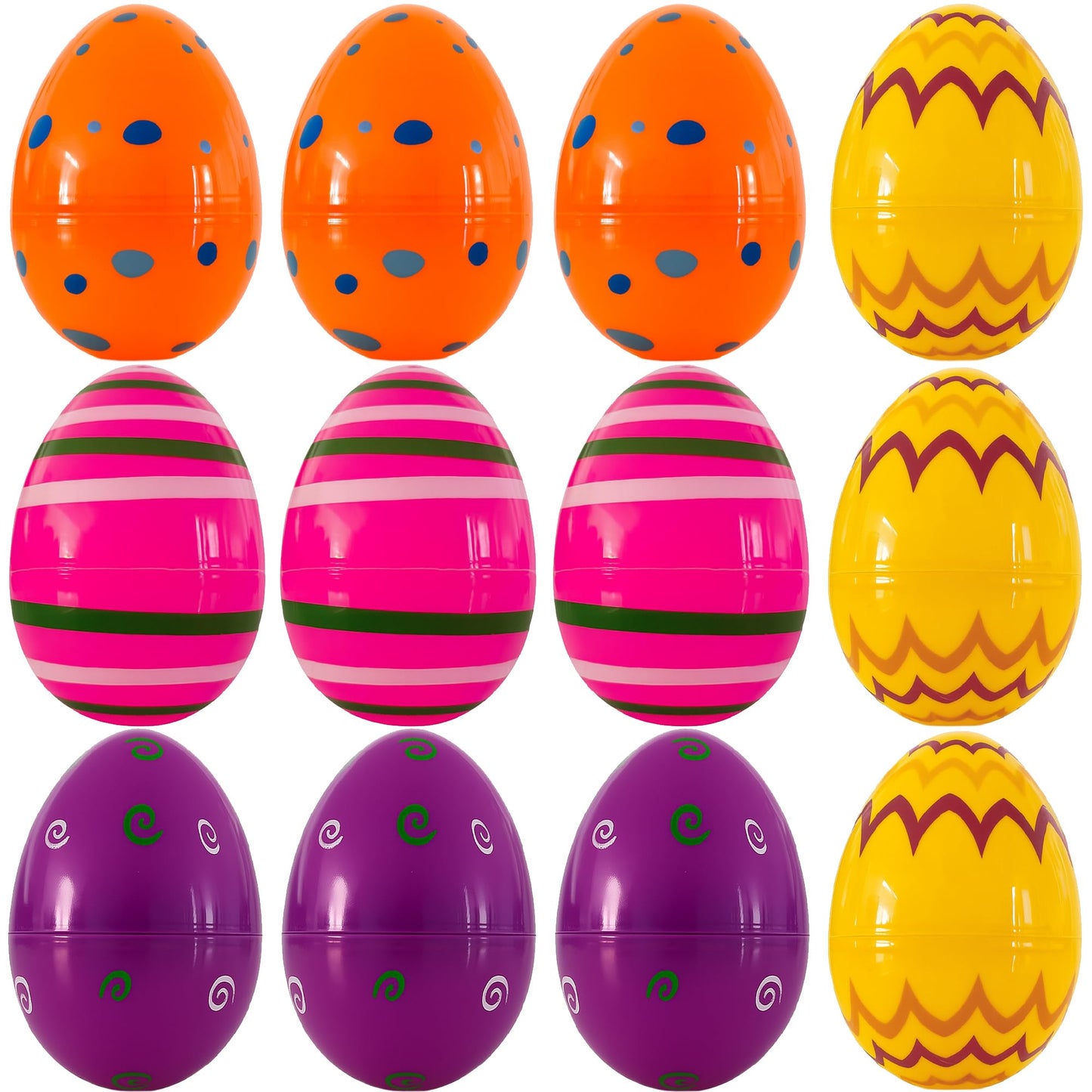 Coynurex 12 Pack Printed Easter Eggs, 3.3'' Fillable Plastic Eggs in 4 Colors, Easter Hunt Basket Stuffers, Party Supplies