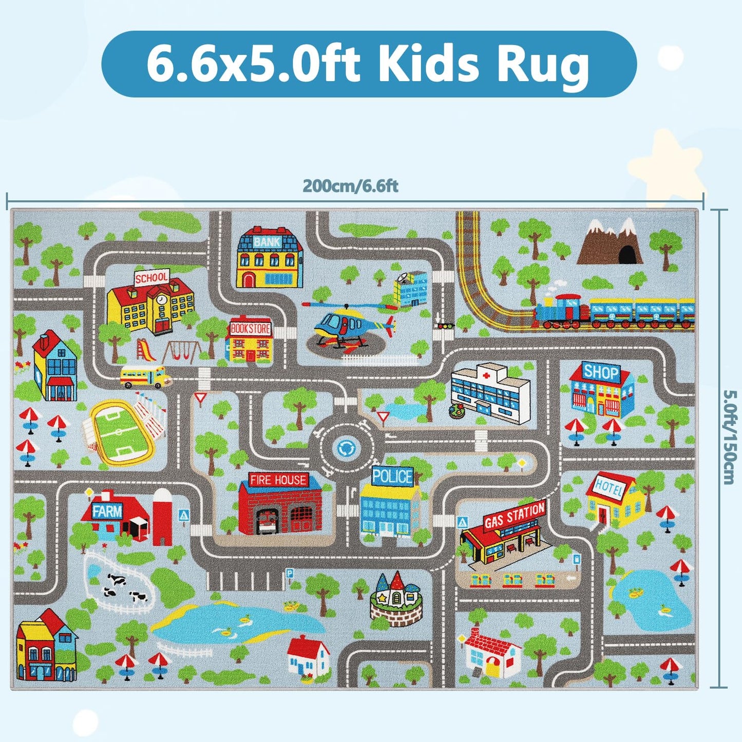 Capslpad Kids Rug Educational Play Rug 6.6' x 5' Traffic Road Kids Car Mat Large Learning Play Game Area Rug Kid Carpet for Playroom Living Room Nursery Room Decor, Sky Blue