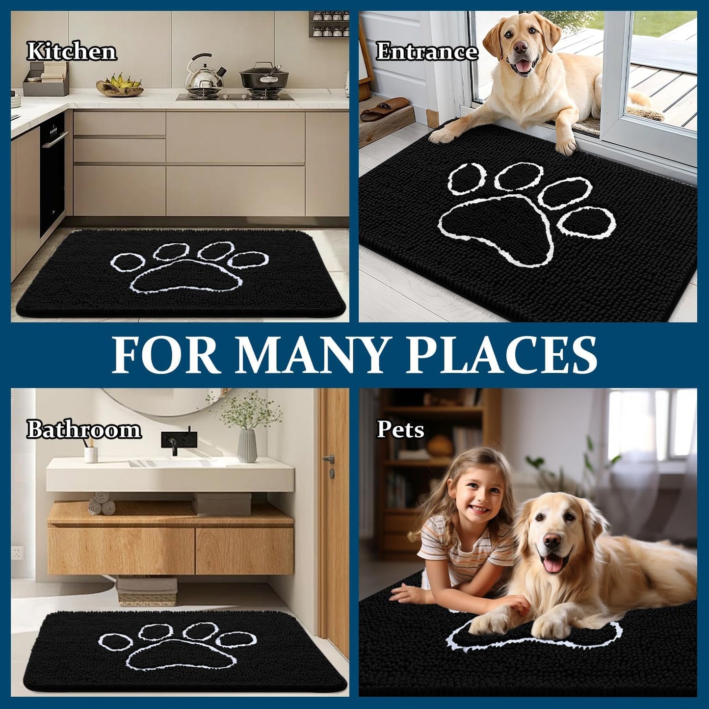 OLANLY Dog Door Mat - Absorbent Non-Slip Mud Mat for Paws | 32x20, Quick Dry Chenille, Black