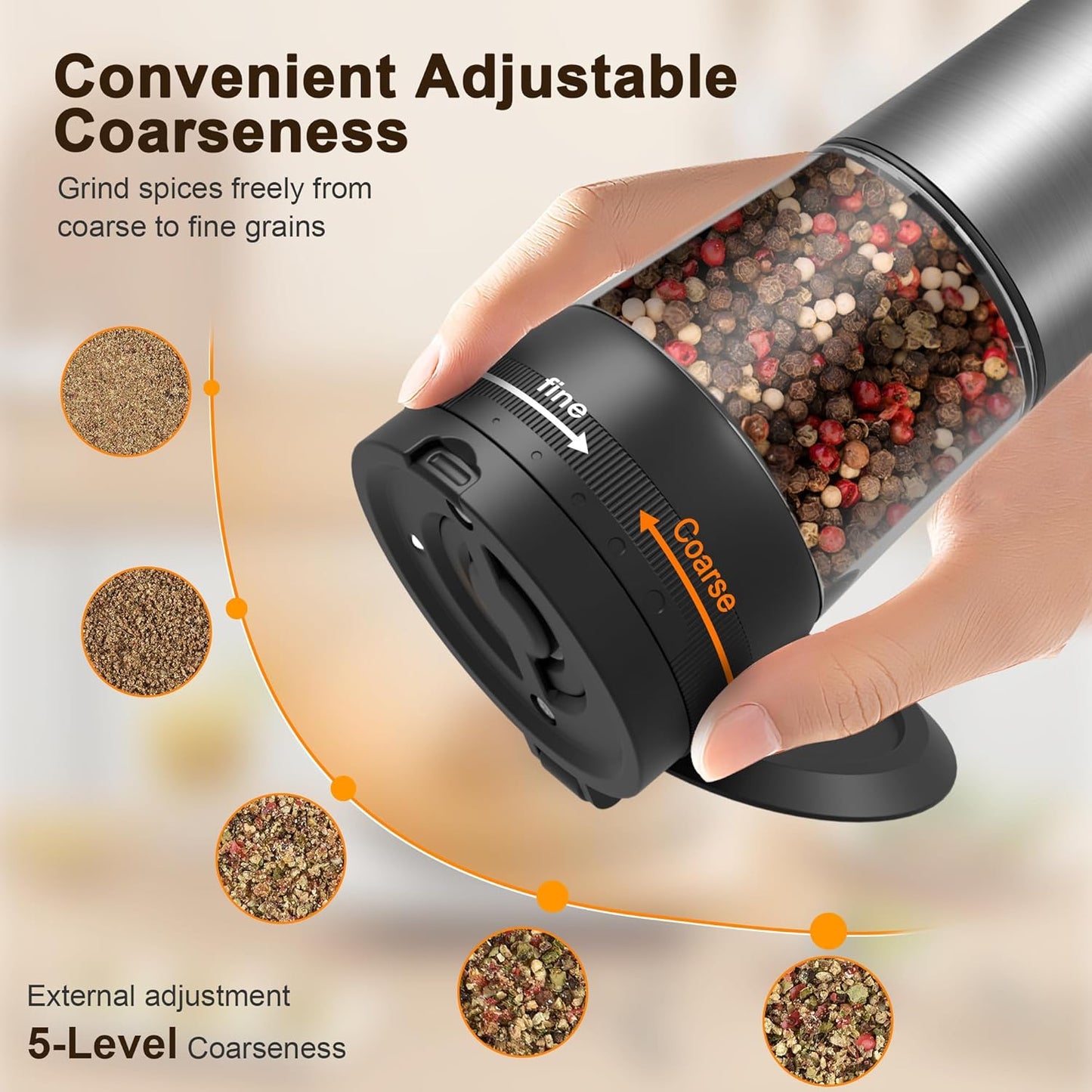Skiennix Electric Salt and Pepper Grinder Set - Rechargeable Stainless Steel Mill with 2-Speed Settings & LED Light | 100ml Capacity